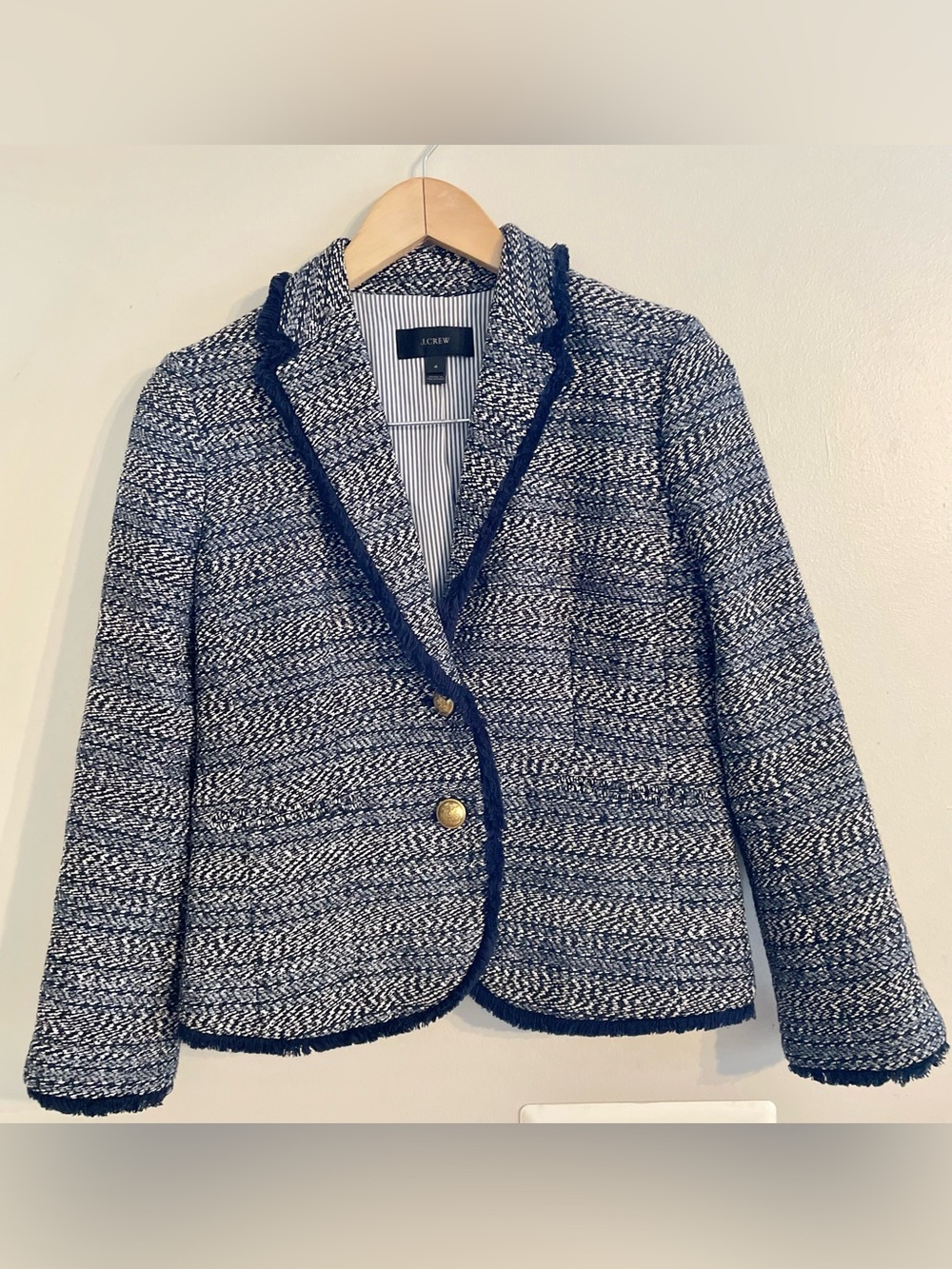J.CREW Women's Size 4 Tweed Women’s JACKET Blazer Blue Fringe Trim G8713- EUC